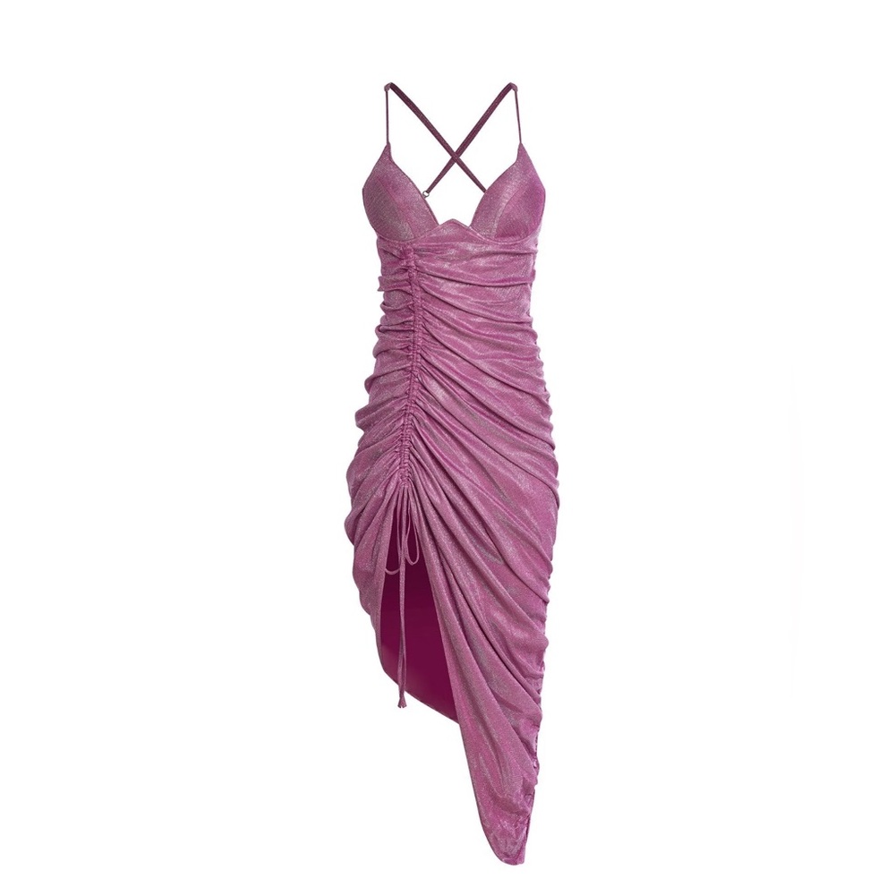 Pink Lilac Glitter Ruched Bodycon Dress | Strappy Back | Party/Night Out